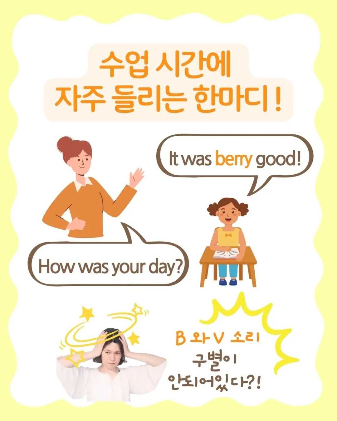 B와 V의 단 하나의 차이점은(입모양은 비슷하지만 소리는)수업시간에 자주 들리는 한마디!Teacher- How was your dayStudent- It was berry (1)