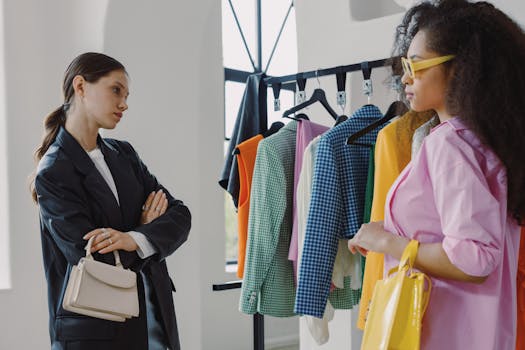 Two women browsing colorful clothing racks in a modern boutique.